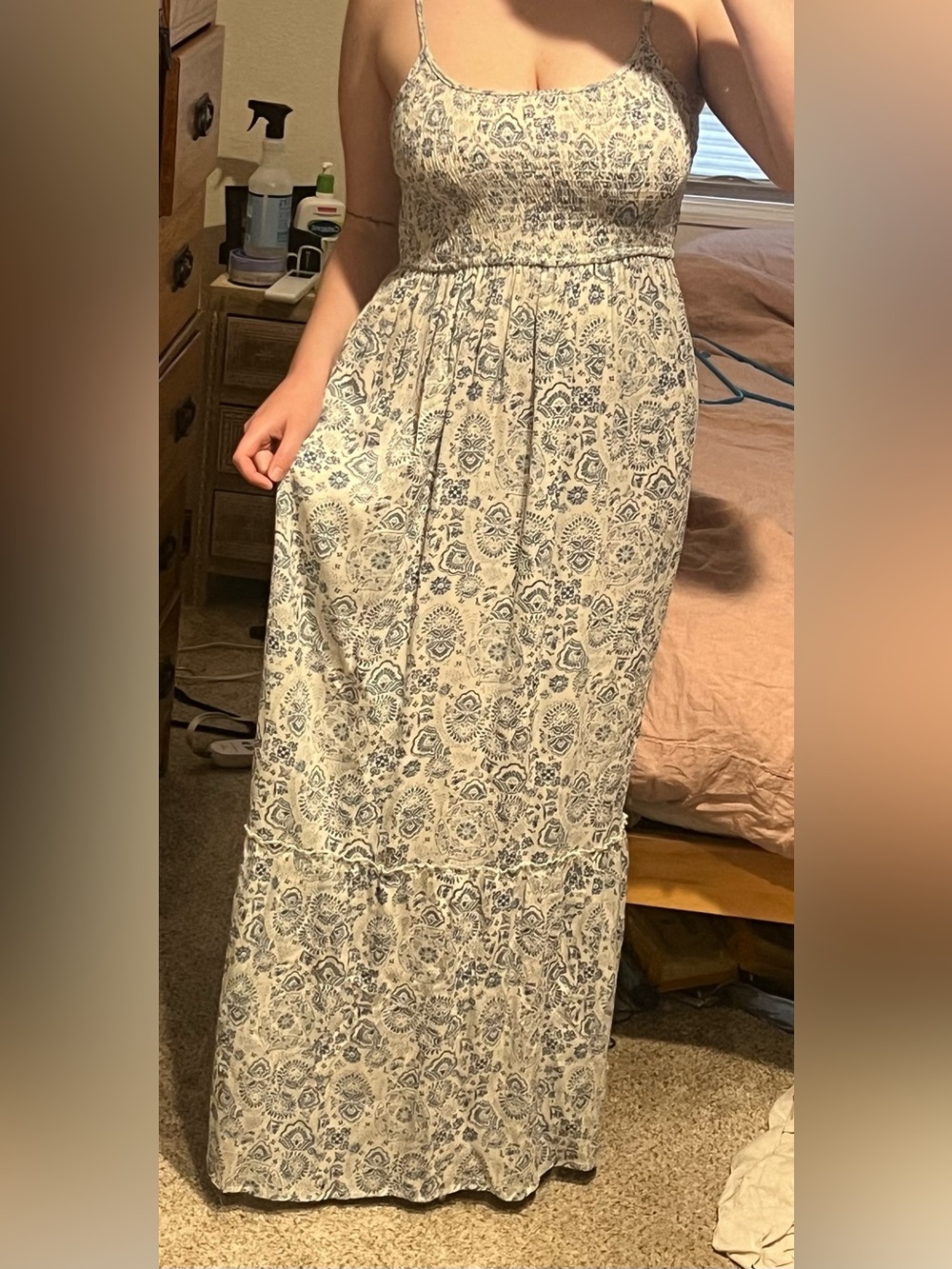 Boho Printed Maxi Dress in Cream and Blue